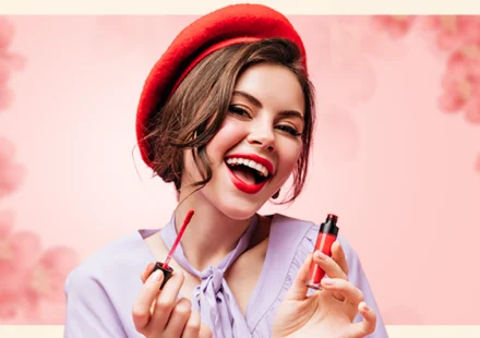 A woman wearing a red beret and lavender blouse applies red lipstick, smiling in front of a pink floral background.