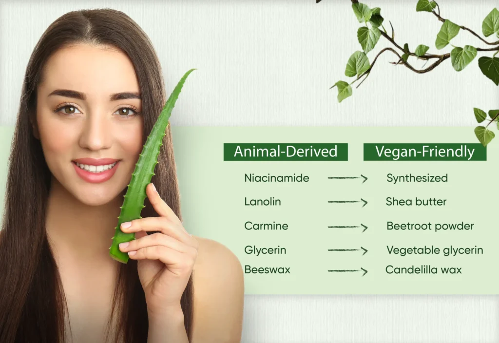 A woman holds an aloe leaf beside a chart comparing animal-derived ingredients with vegan-friendly alternatives, such as lanolin vs. shea butter and beeswax vs. candelilla wax.