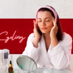 A woman in a white robe applies skincare cream to her face at a vanity with skincare products, with "Skin Cycling Routine" written in the background.