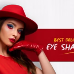 Model in red hat and gloves with bold eye makeup, 'Best Drugstore Eye Shadows'